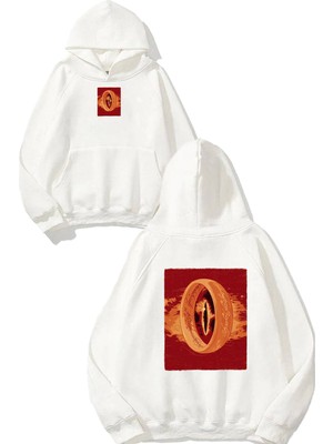 Urbvn Ring 3 Tasarım Baskılı Oversize Beyaz Kapüşonlu Sweatshirt