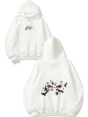Urbvn Anime Eyes 4 Tasarım Baskılı Oversize Beyaz Kapüşonlu Sweatshirt