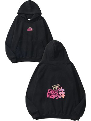 Urbvn Sunny Hunny Tasarım Baskılı Oversize Siyah Kapüşonlu Sweatshirt