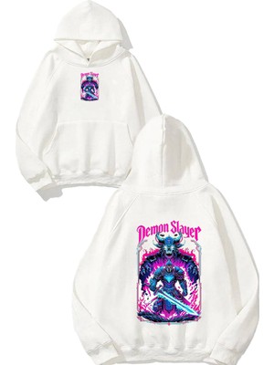 Urbvn Demon Slayer Tasarım Baskılı Oversize Beyaz Kapüşonlu Sweatshirt
