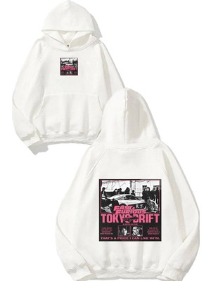 Urbvn Tokio Car Tasarım Baskılı Oversize Beyaz Kapüşonlu Sweatshirt