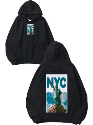 Urbvn Nyc 2 Tasarım Baskılı Oversize Siyah Kapüşonlu Sweatshirt