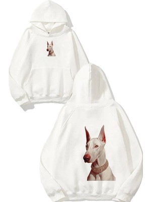 Urbvn White Doberman Tasarım Baskılı Oversize Beyaz Kapüşonlu Sweatshirt