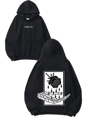Urbvn Rose Drip Tasarım Baskılı Oversize Siyah Kapüşonlu Sweatshirt