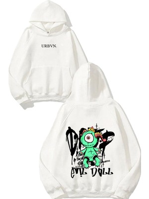 Urbvn Evil Doll Tasarım Baskılı Oversize Beyaz Kapüşonlu Sweatshirt