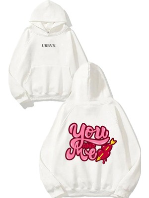 Urbvn You And Me Tasarım Baskılı Oversize Beyaz Kapüşonlu Sweatshirt
