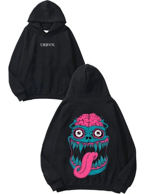 Urbvn Monster Brain Tasarım Baskılı Oversize Siyah Kapüşonlu Sweatshirt