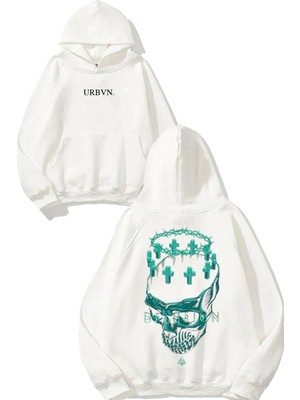 Urbvn Delusion Skull Tasarım Baskılı Oversize Beyaz Kapüşonlu Sweatshirt