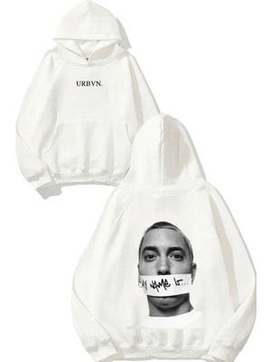 Urbvn My Name Is Eminem Tasarım Baskılı Oversize Beyaz Kapüşonlu Sweatshirt