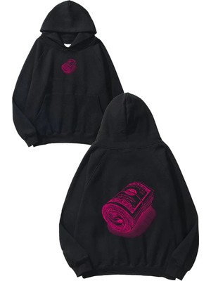 Urbvn Pink Money Tasarım Baskılı Oversize Siyah Kapüşonlu Sweatshirt