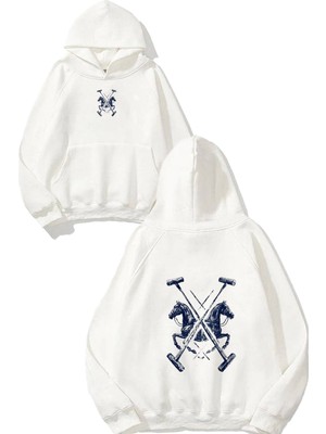 Urbvn Horse 5 Tasarım Baskılı Oversize Beyaz Kapüşonlu Sweatshirt