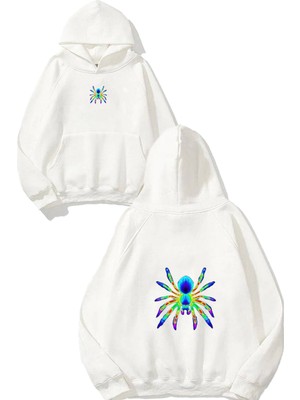 Urbvn Thermal Spider Tasarım Baskılı Oversize Beyaz Kapüşonlu Sweatshirt