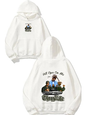 Urbvn Tupac 3 Tasarım Baskılı Oversize Beyaz Kapüşonlu Sweatshirt