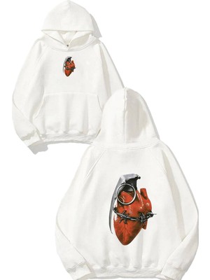 Urbvn Heart Bomb Tasarım Baskılı Oversize Beyaz Kapüşonlu Sweatshirt