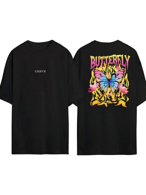 Urbvn Butterfly 5 Tasarım Baskılı Siyah Oversize T Shirt