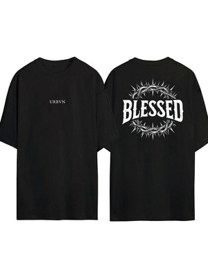 Urbvn Blessed Tasarım Baskılı Siyah Oversize T Shirt