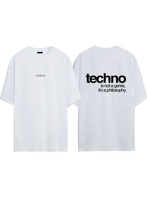 Urbvn Techno Tasarım Baskılı Beyaz Oversize T-Shirt