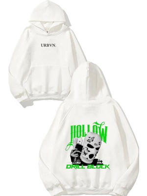 Urbvn Drill Block Tasarım Baskılı Oversize Beyaz Kapüşonlu Sweatshirt