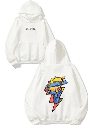 Urbvn Lightning Skate Tasarım Baskılı Oversize Beyaz Kapüşonlu Sweatshirt