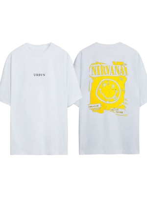 Urbvn Nırvana 3 Tasarım Baskılı Beyaz Oversize T-Shirt