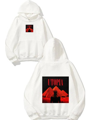 Urbvn Utopia 2 Tasarım Baskılı Oversize Beyaz Kapüşonlu Sweatshirt