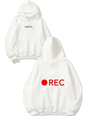 Urbvn Rec Tasarım Baskılı Oversize Beyaz Kapüşonlu Sweatshirt