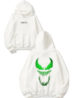 Urbvn Green Monster Tasarım Baskılı Oversize Beyaz Kapüşonlu Sweatshirt