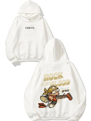 Urbvn Rock Blood Tasarım Baskılı Oversize Beyaz Kapüşonlu Sweatshirt