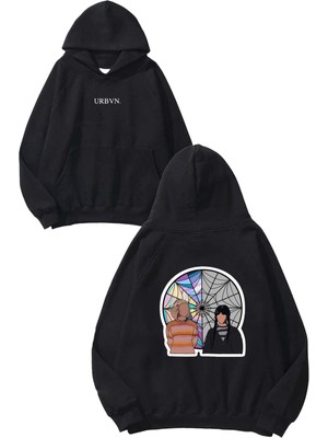 Urbvn Wednesday Tasarım Baskılı Oversize Siyah Kapüşonlu Sweatshirt