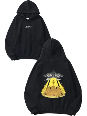 Urbvn Ankh Space Tasarım Baskılı Oversize Siyah Kapüşonlu Sweatshirt