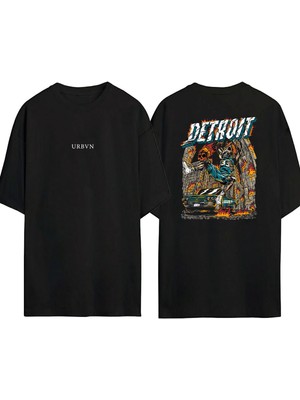 Urbvn Detroit Tasarım Baskılı Siyah Oversize T Shirt