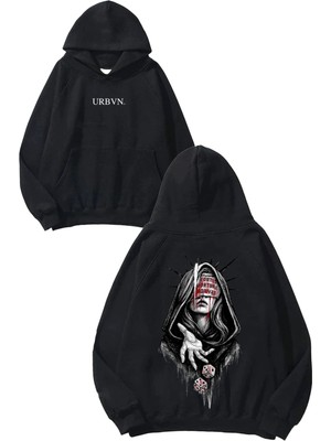 Urbvn Zar Kız Tasarım Baskılı Oversize Siyah Kapüşonlu Sweatshirt