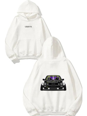 Urbvn Araba Ön Tasarım Baskılı Oversize Beyaz Kapüşonlu Sweatshirt