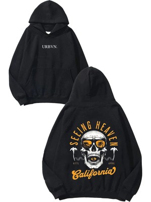Urbvn Seeing Heaven Tasarım Baskılı Oversize Siyah Kapüşonlu Sweatshirt