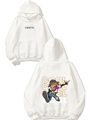 Urbvn Cool Monkey Tasarım Baskılı Oversize Beyaz Kapüşonlu Sweatshirt