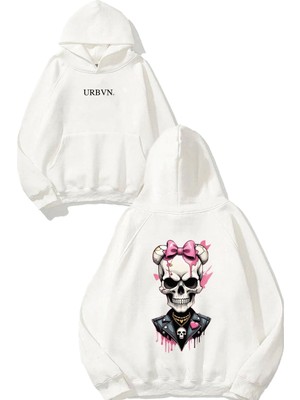 Urbvn Girl Skull Tasarım Baskılı Oversize Beyaz Kapüşonlu Sweatshirt