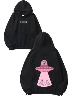 Urbvn Alien Cat Tasarım Baskılı Oversize Siyah Kapüşonlu Sweatshirt