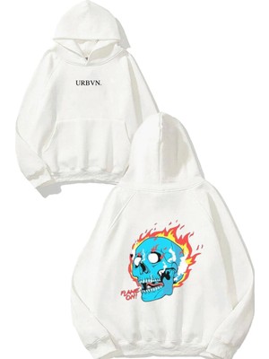 Urbvn Flame On Tasarım Baskılı Oversize Beyaz Kapüşonlu Sweatshirt