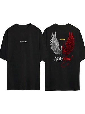 Urbvn Angel Demon 3 Tasarım Baskılı Siyah Oversize T Shirt