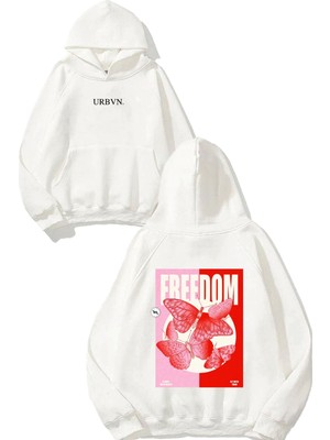 Urbvn Freedom Pink Tasarım Baskılı Oversize Beyaz Kapüşonlu Sweatshirt