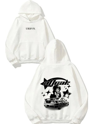 Urbvn Car Star Tasarım Baskılı Oversize Beyaz Kapüşonlu Sweatshirt
