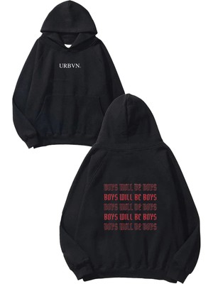 Urbvn Be Boys Tasarım Baskılı Oversize Siyah Kapüşonlu Sweatshirt
