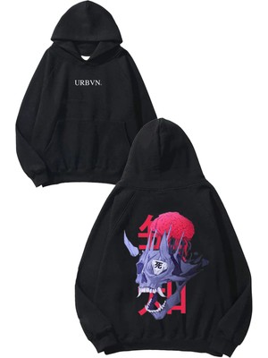 Urbvn Brain Monster Tasarım Baskılı Oversize Siyah Kapüşonlu Sweatshirt