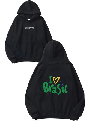 Urbvn I Love Brasil Tasarım Baskılı Oversize Siyah Kapüşonlu Sweatshirt