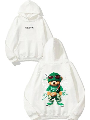 Urbvn Put On Smile Tasarım Baskılı Oversize Beyaz Kapüşonlu Sweatshirt