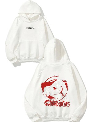 Urbvn Thunder Cat Tasarım Baskılı Oversize Beyaz Kapüşonlu Sweatshirt