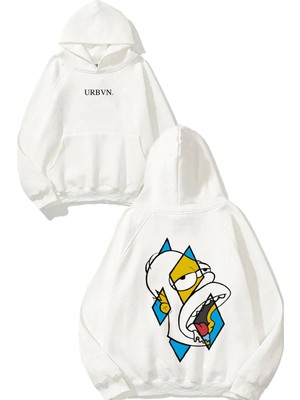 Urbvn Simpson Mouth Tasarım Baskılı Oversize Beyaz Kapüşonlu Sweatshirt