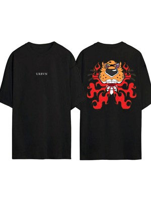 Urbvn Fire Leopar Tasarım Baskılı Siyah Oversize T Shirt