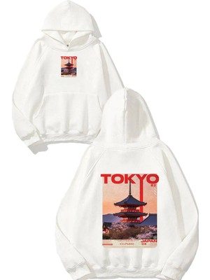 Urbvn Tokyo 5 Tasarım Baskılı Oversize Beyaz Kapüşonlu Sweatshirt