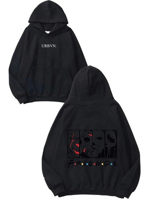 Urbvn Friends Horror Faces Tasarım Baskılı Oversize Siyah Kapüşonlu Sweatshirt